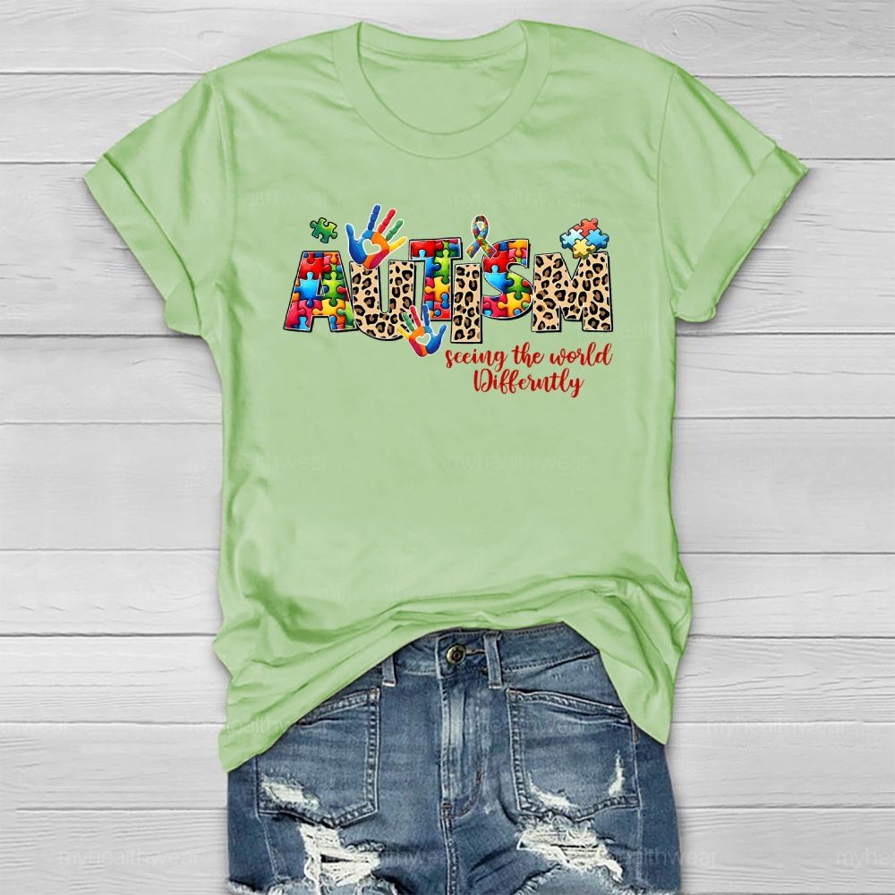 Autism Seeing The World Differently Leopard Print Letters Healthwear T-shirt