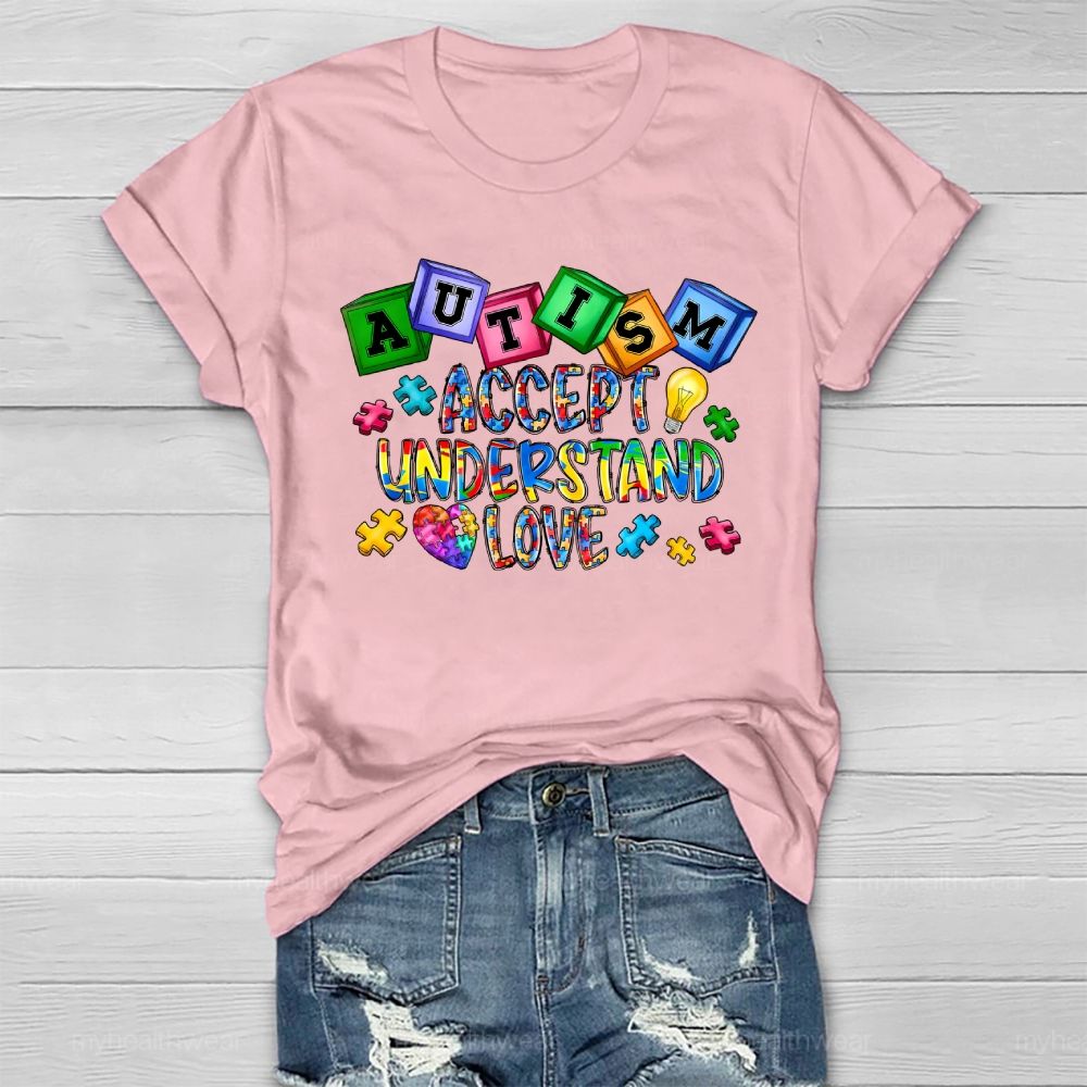 Autism Accept Understand Love Puzzle Piece Light Bulb Healthwear T-shirt