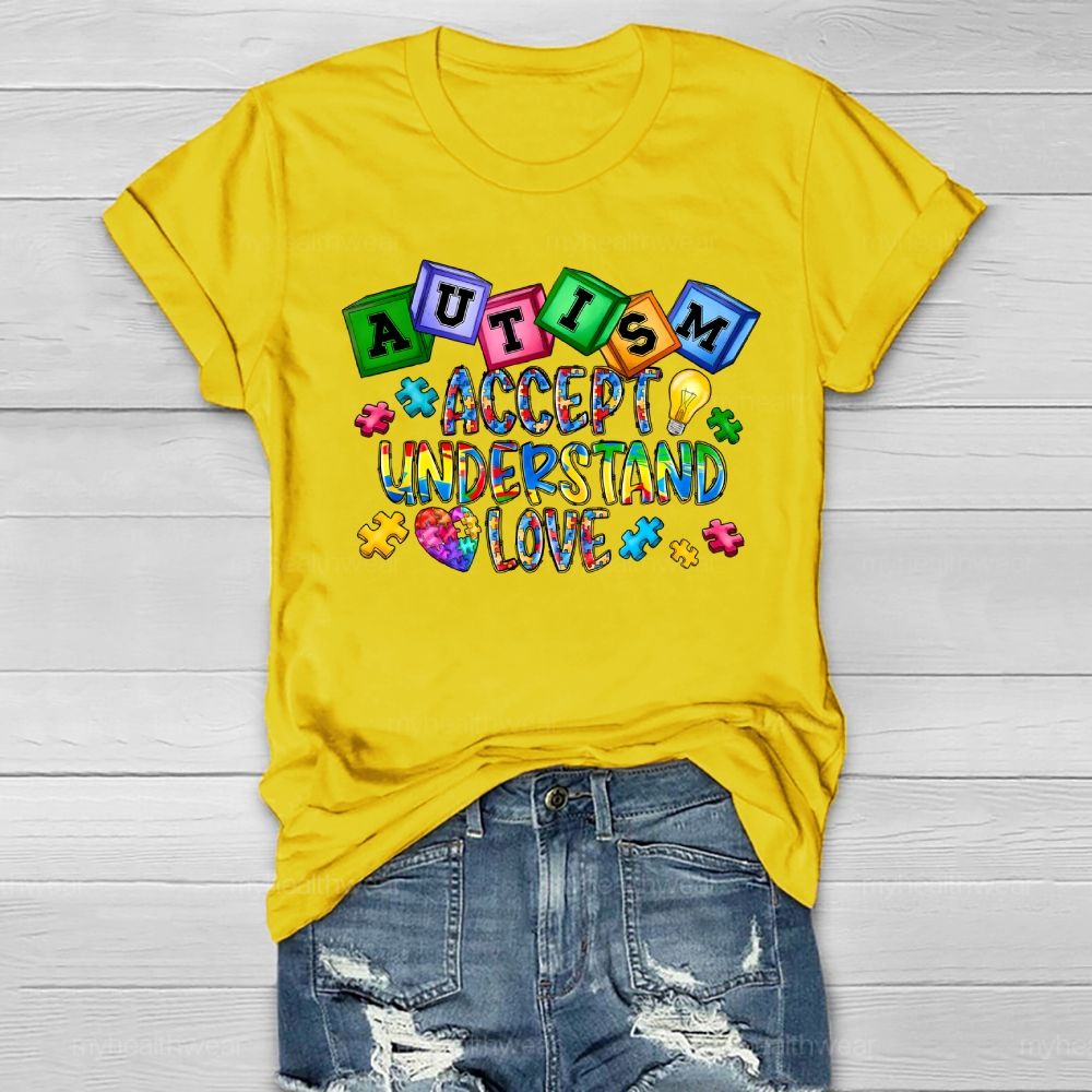 Autism Accept Understand Love Puzzle Piece Light Bulb Healthwear T-shirt