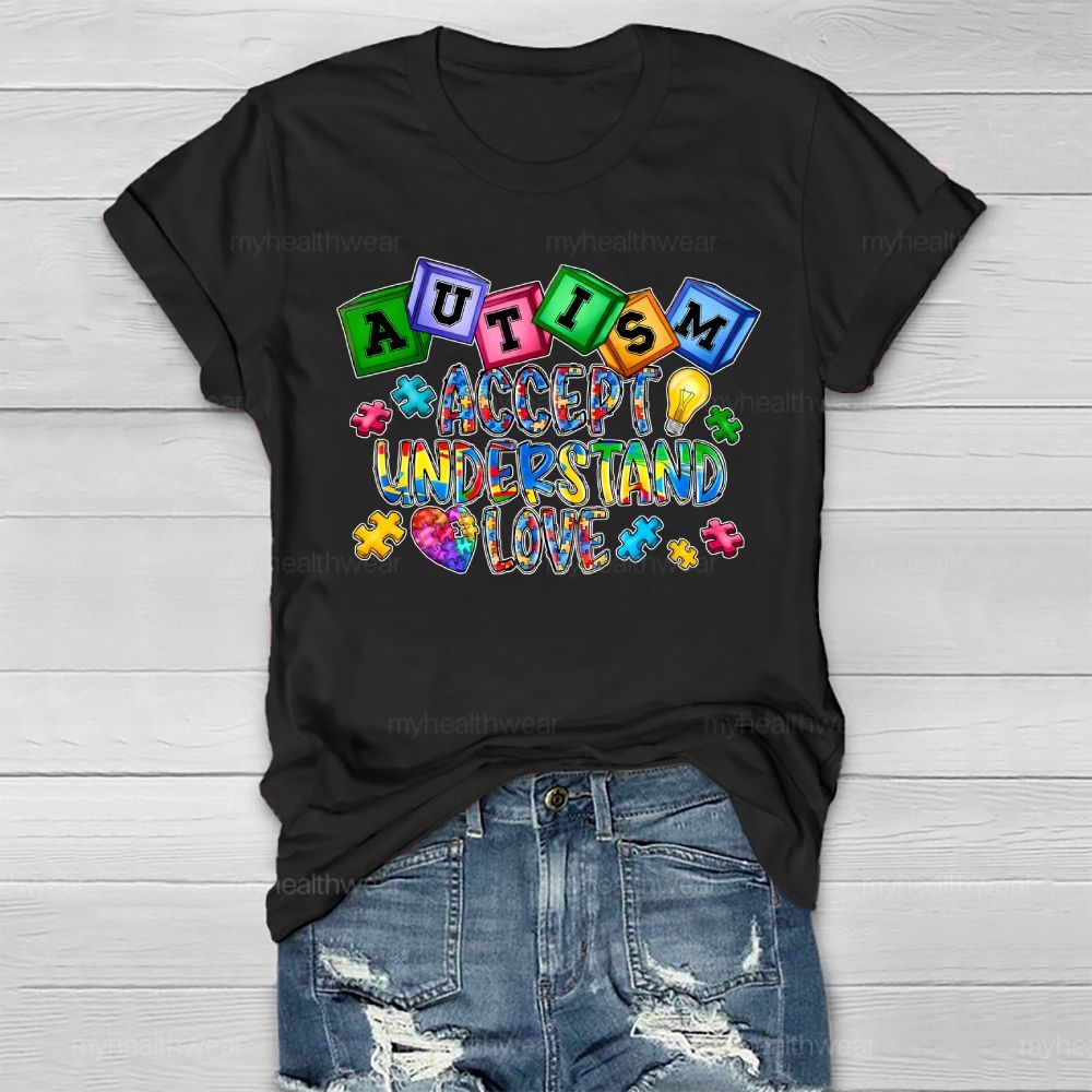 Autism Accept Understand Love Puzzle Piece Light Bulb Healthwear T-shirt
