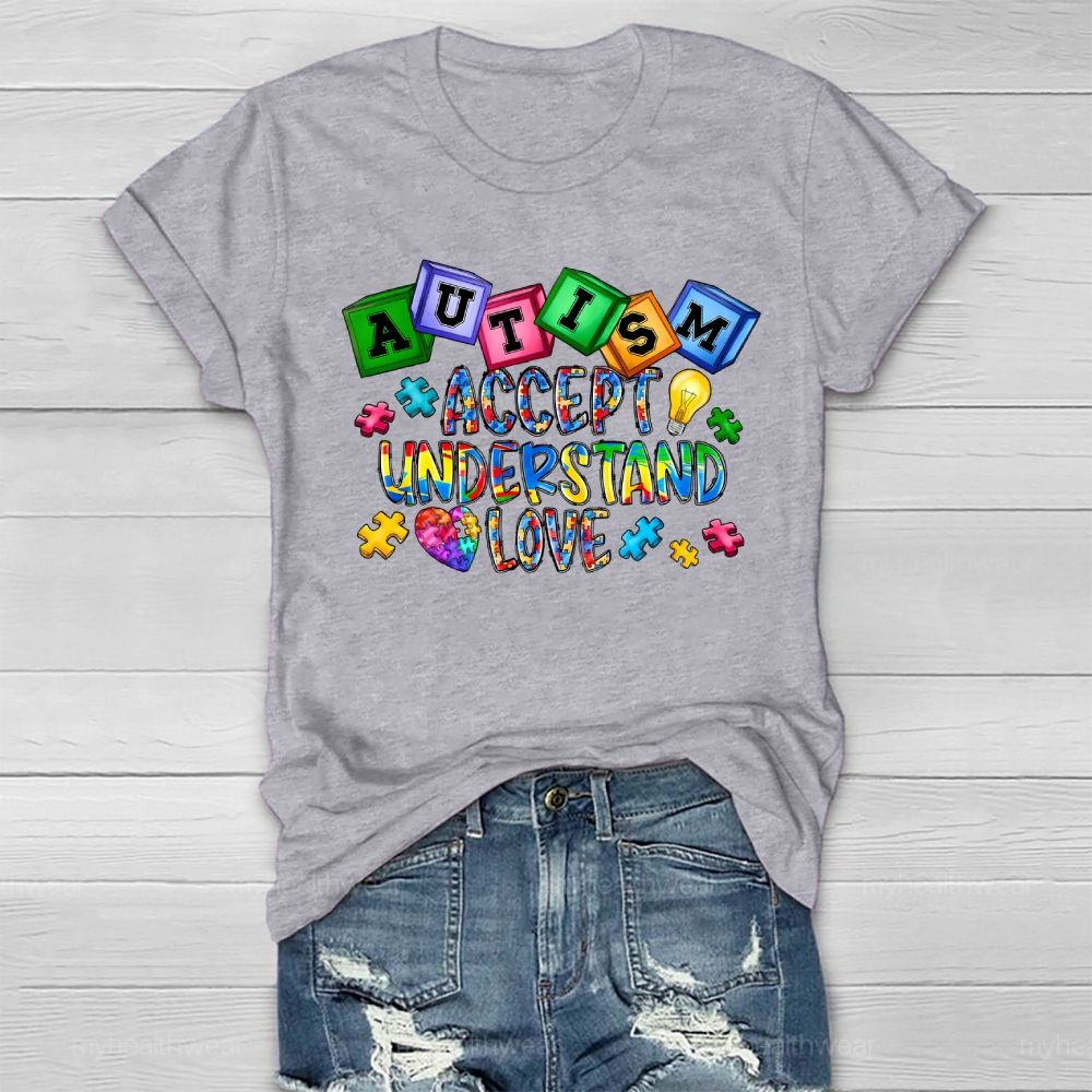 Autism Accept Understand Love Puzzle Piece Light Bulb Healthwear T-shirt