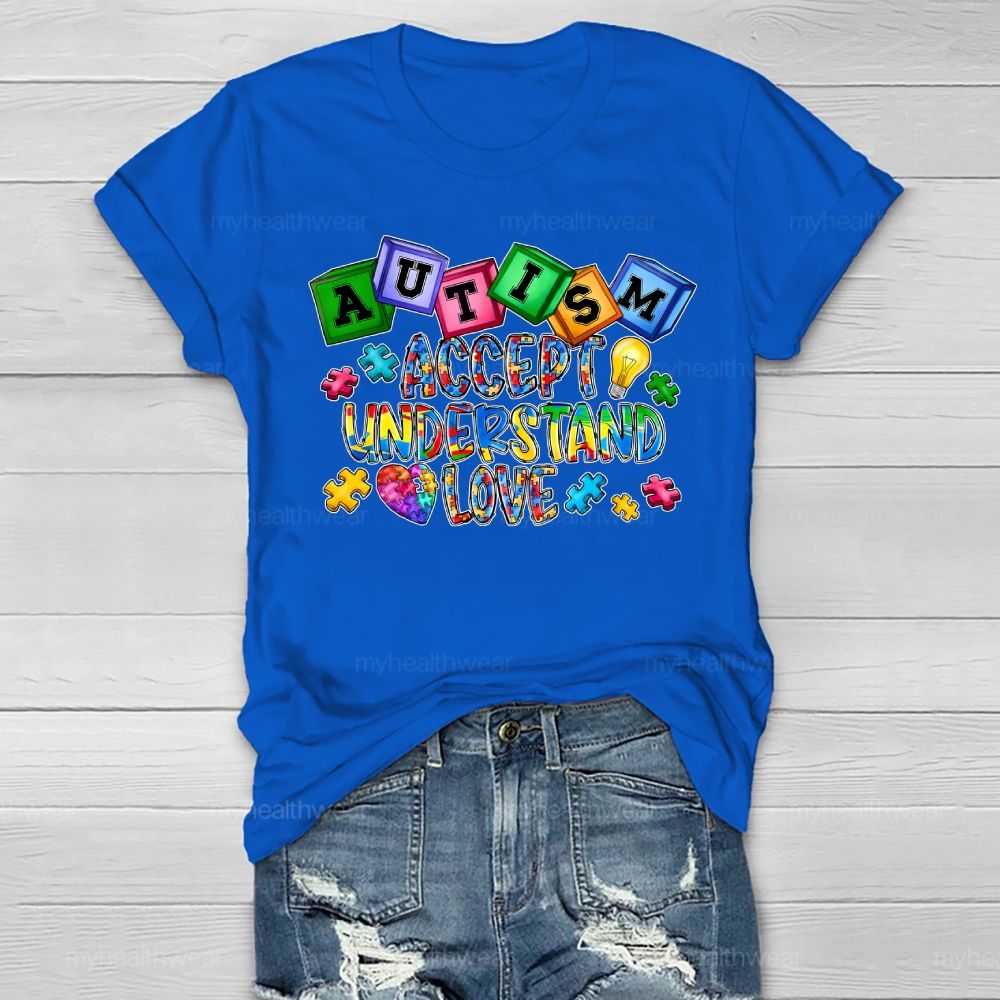 Autism Accept Understand Love Puzzle Piece Light Bulb Healthwear T-shirt
