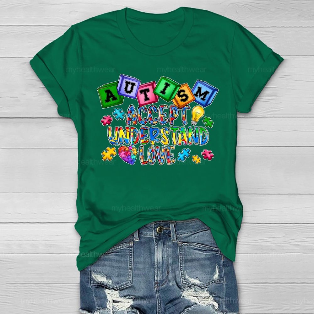 Autism Accept Understand Love Puzzle Piece Light Bulb Healthwear T-shirt