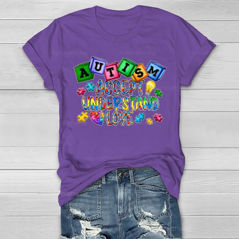 Autism Accept Understand Love Puzzle Piece Light Bulb Healthwear T-shirt