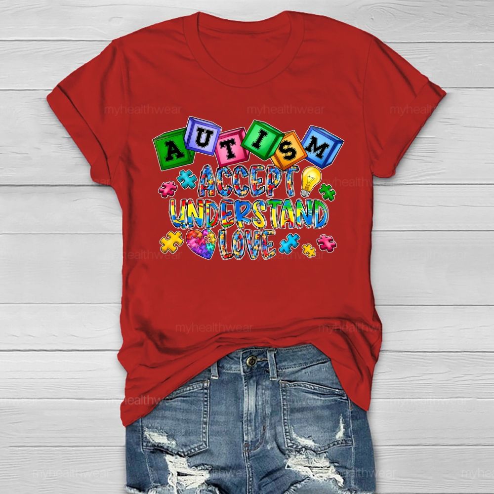 Autism Accept Understand Love Puzzle Piece Light Bulb Healthwear T-shirt