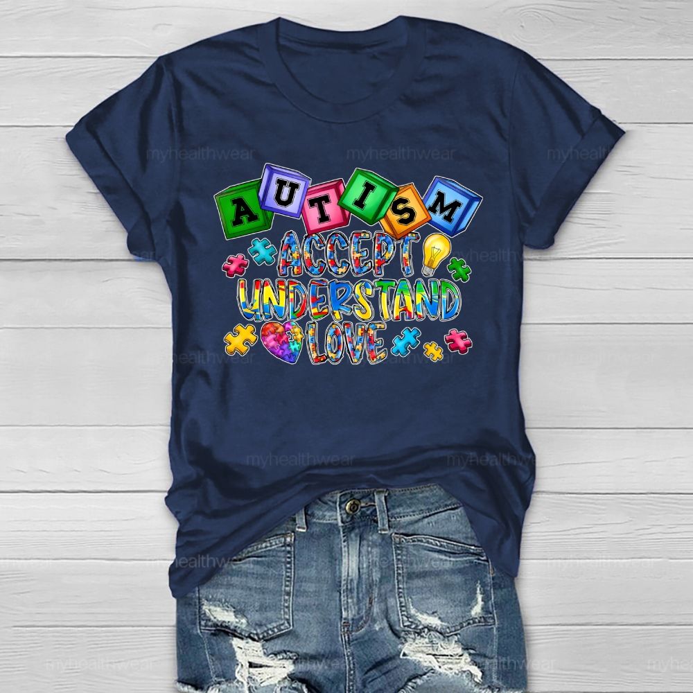 Autism Accept Understand Love Puzzle Piece Light Bulb Healthwear T-shirt