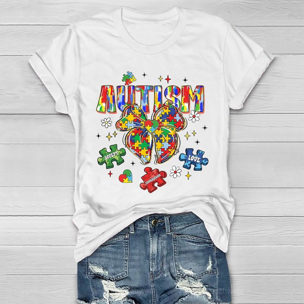 Autism Puzzle Ribbon Bow Healthwear T-shirt