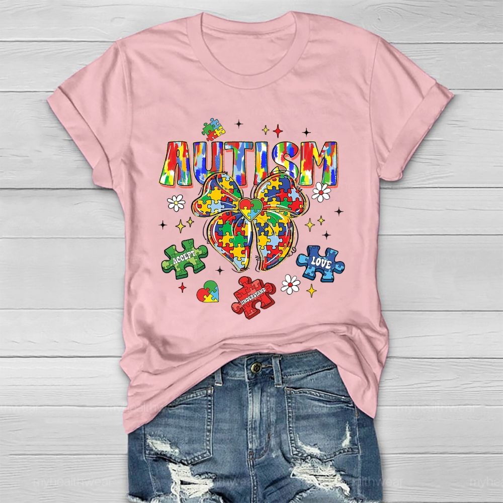 Autism Puzzle Ribbon Bow Healthwear T-shirt