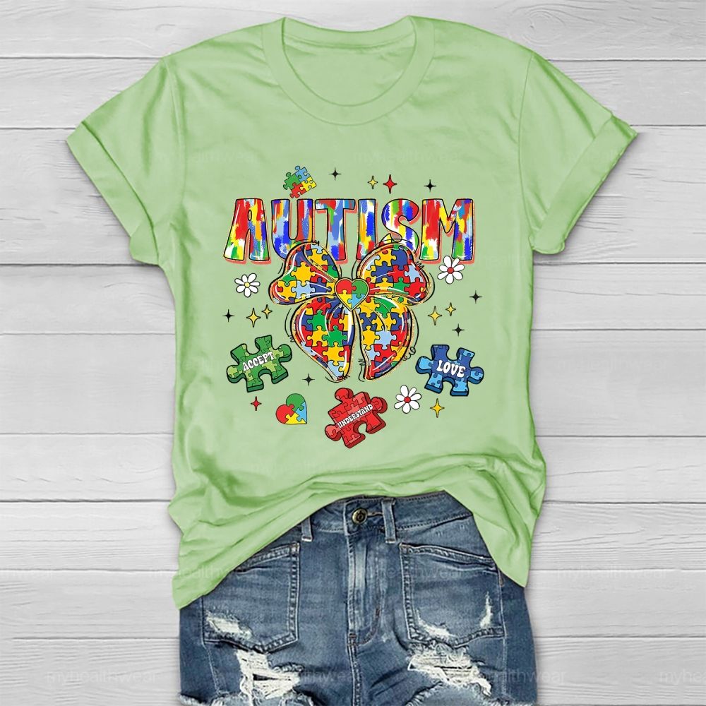 Autism Puzzle Ribbon Bow Healthwear T-shirt