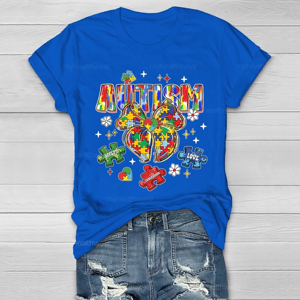 Autism Puzzle Ribbon Bow Healthwear T-shirt