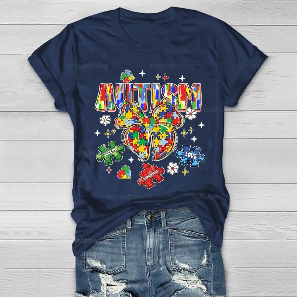 Autism Puzzle Ribbon Bow Healthwear T-shirt