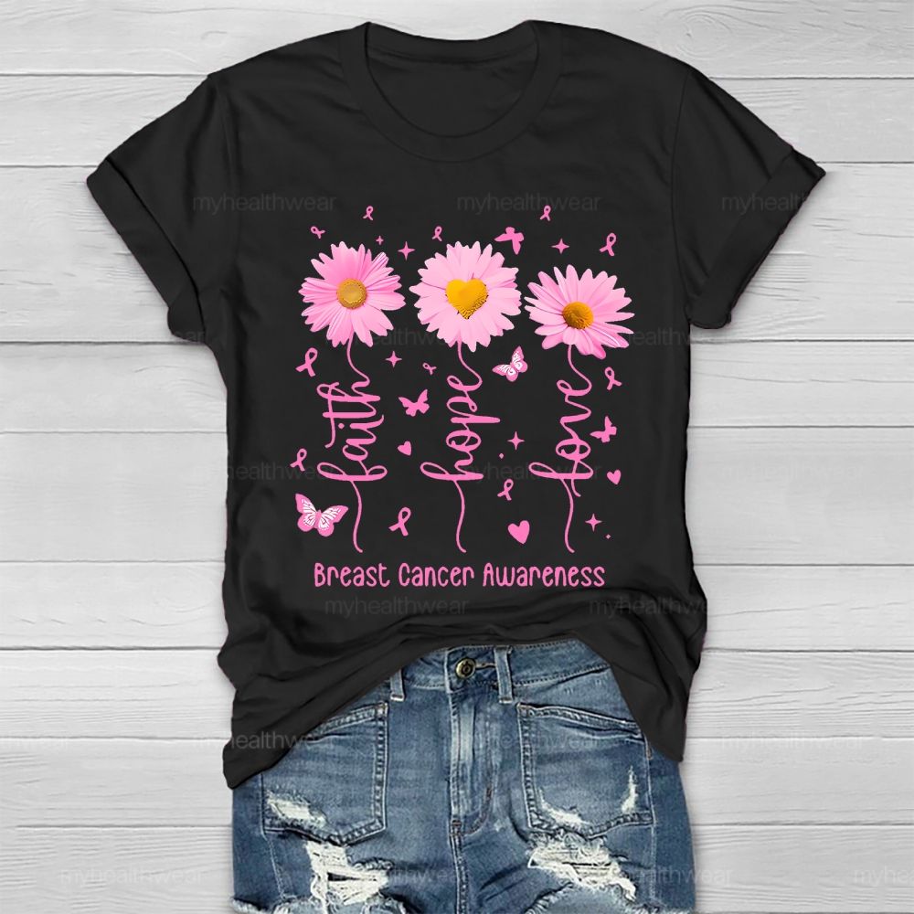 Faith Hope Love Breast Cancer Awareness Flowers Butterflies Hearts Healthwear T-shirt
