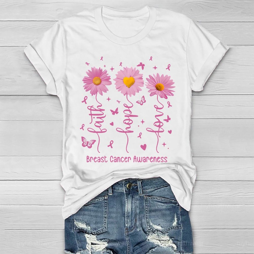 Faith Hope Love Breast Cancer Awareness Flowers Butterflies Hearts Healthwear T-shirt
