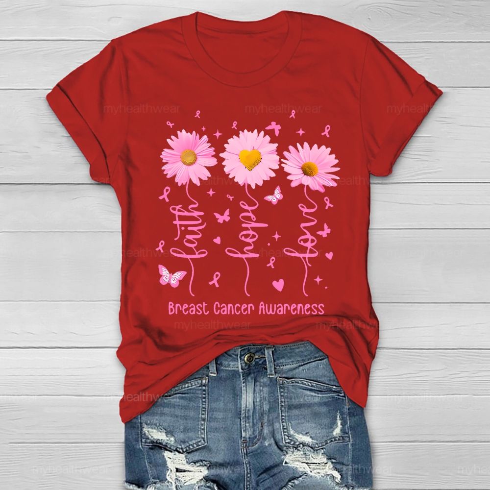 Faith Hope Love Breast Cancer Awareness Flowers Butterflies Hearts Healthwear T-shirt