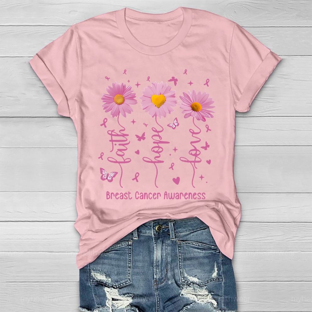 Faith Hope Love Breast Cancer Awareness Flowers Butterflies Hearts Healthwear T-shirt