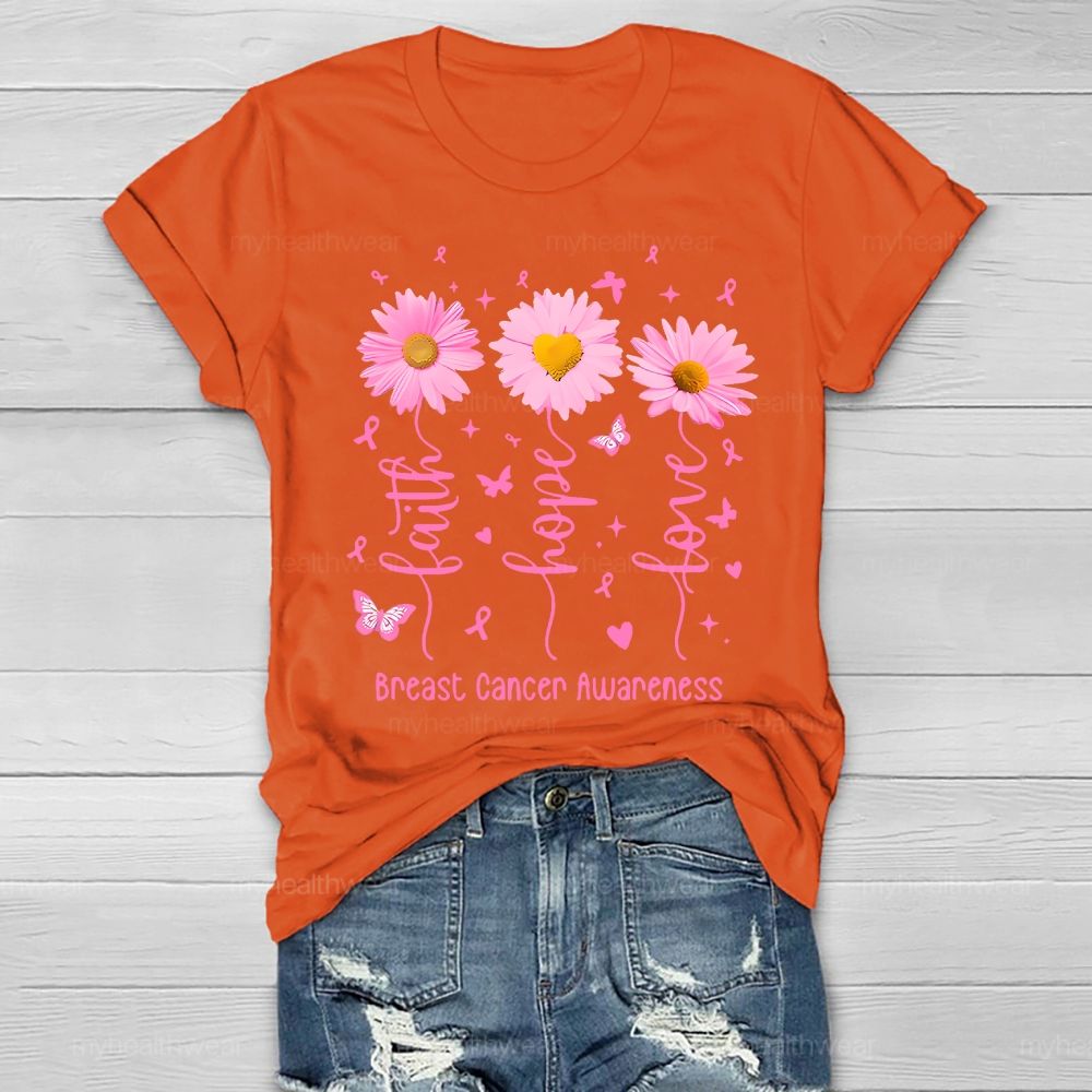Faith Hope Love Breast Cancer Awareness Flowers Butterflies Hearts Healthwear T-shirt
