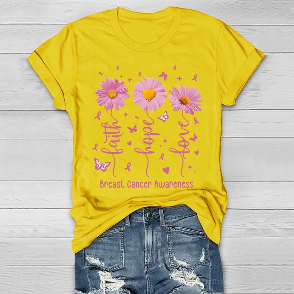 Faith Hope Love Breast Cancer Awareness Flowers Butterflies Hearts Healthwear T-shirt