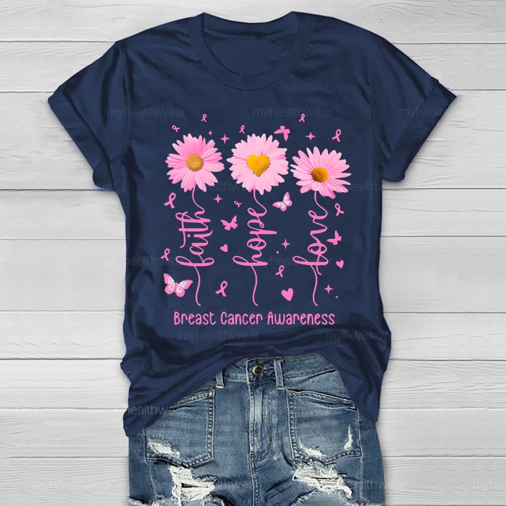 Faith Hope Love Breast Cancer Awareness Flowers Butterflies Hearts Healthwear T-shirt