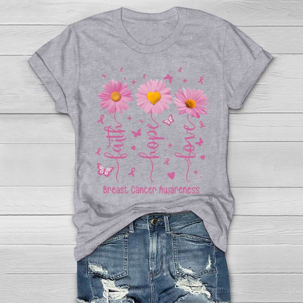 Faith Hope Love Breast Cancer Awareness Flowers Butterflies Hearts Healthwear T-shirt