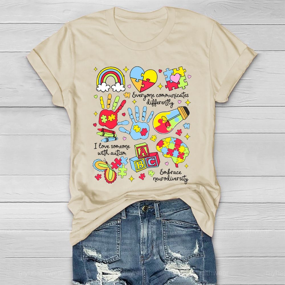 Everyone Communicate Differently Heart Autism Awareness Healthwear T-shirt