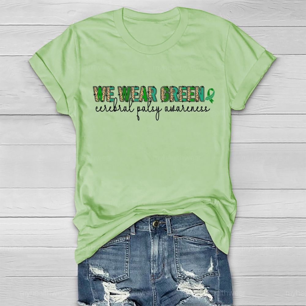 We Wear Green Cerebral Palsy Awareness Green Ribbon Leopard Print Healthwear T-shirt