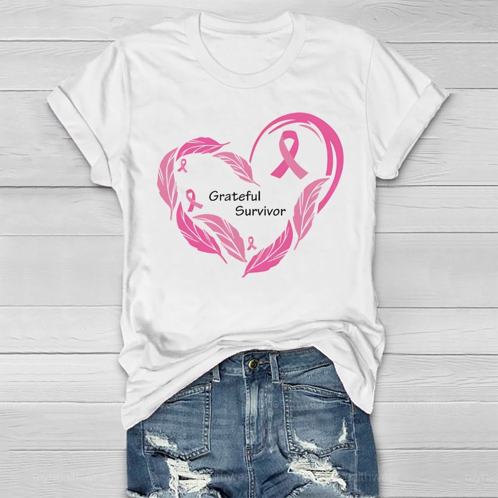 Grateful Survivor Feather Pink Ribbon Healthwear T-shirt