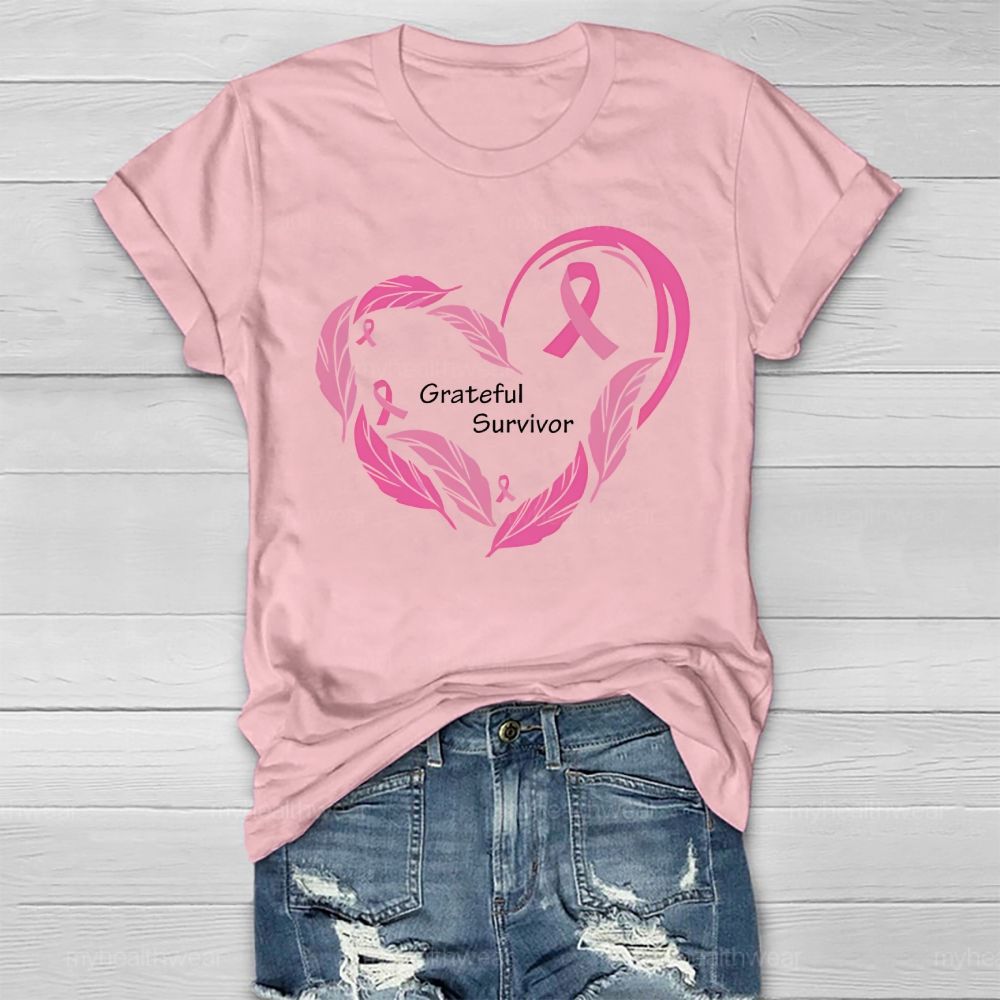 Grateful Survivor Feather Pink Ribbon Healthwear T-shirt