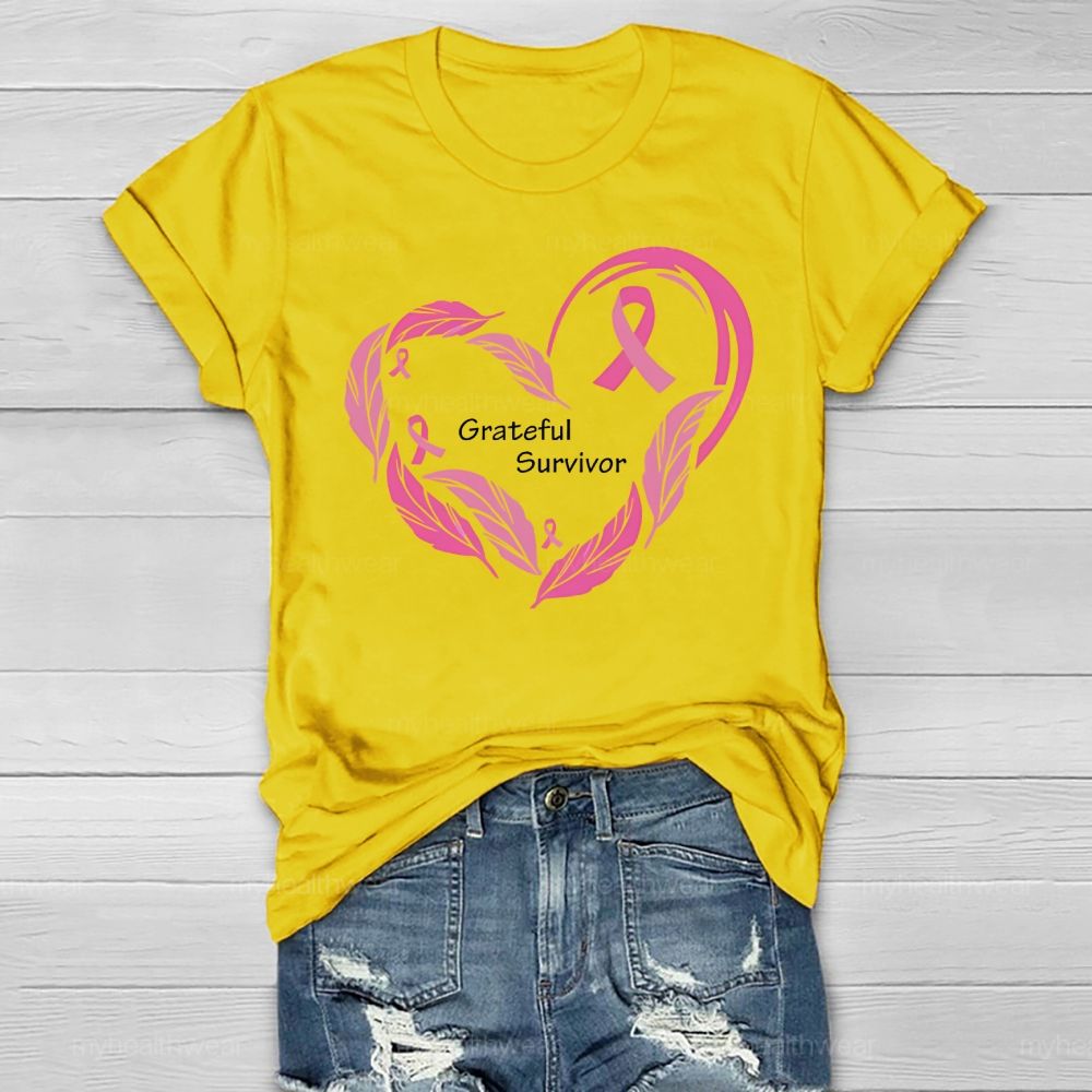 Grateful Survivor Feather Pink Ribbon Healthwear T-shirt