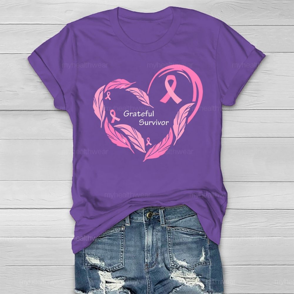Grateful Survivor Feather Pink Ribbon Healthwear T-shirt