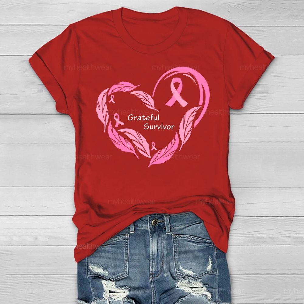Grateful Survivor Feather Pink Ribbon Healthwear T-shirt