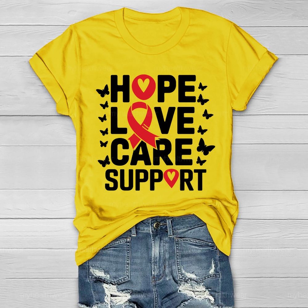 Hope Love Care Support Red Ribbon Healthwear T-shirt