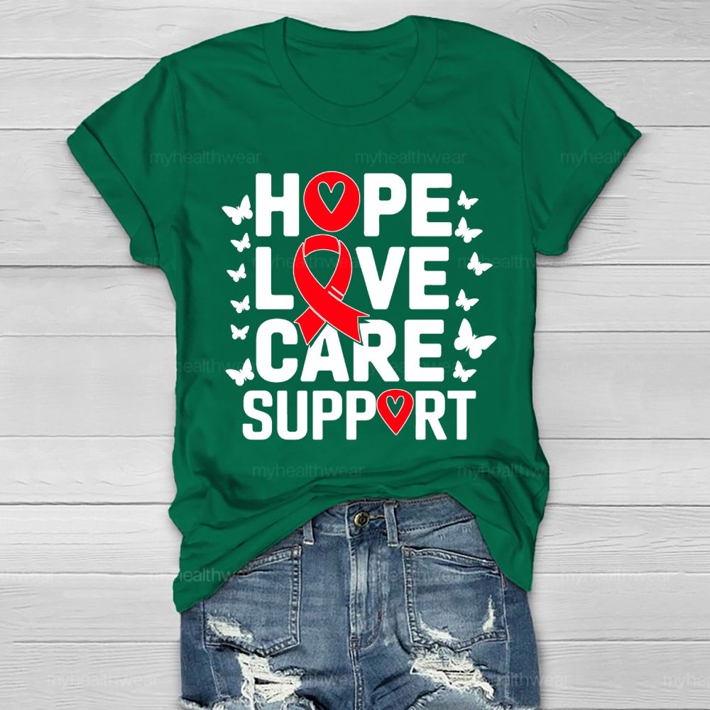 Hope Love Care Support Red Ribbon Healthwear T-shirt