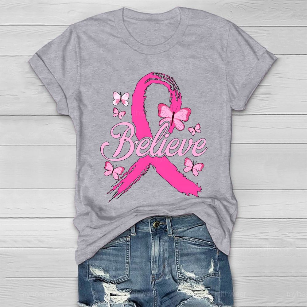 Believe Pink Ribbon Butterfly Healthwear T-shirt