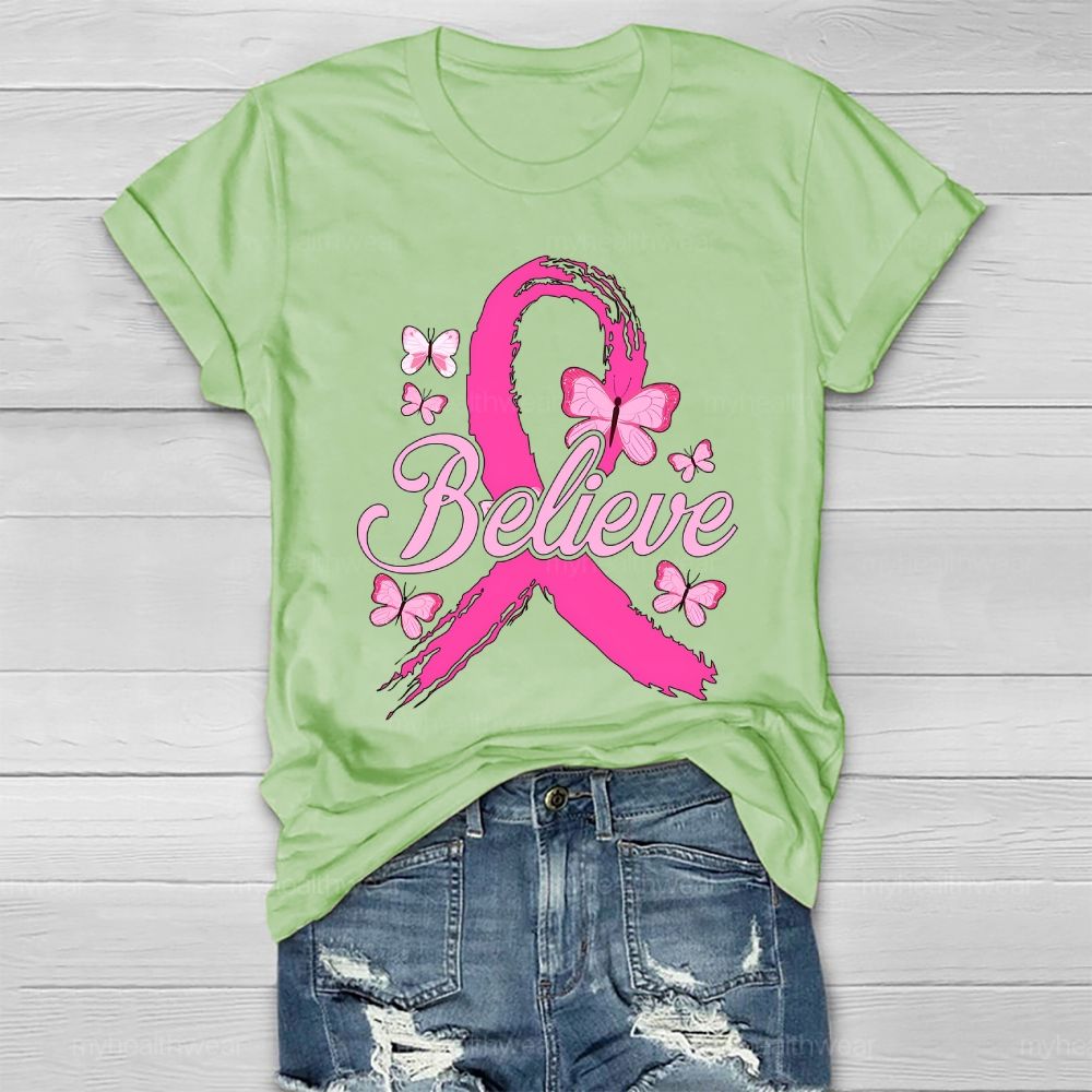 Believe Pink Ribbon Butterfly Healthwear T-shirt