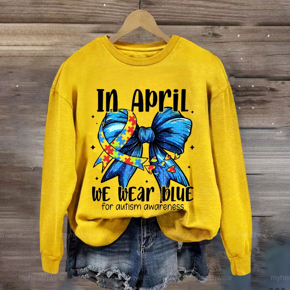 In April We Wear Blue For Autism Awareness Butterfly Puzzle Heart  Sweatshirt