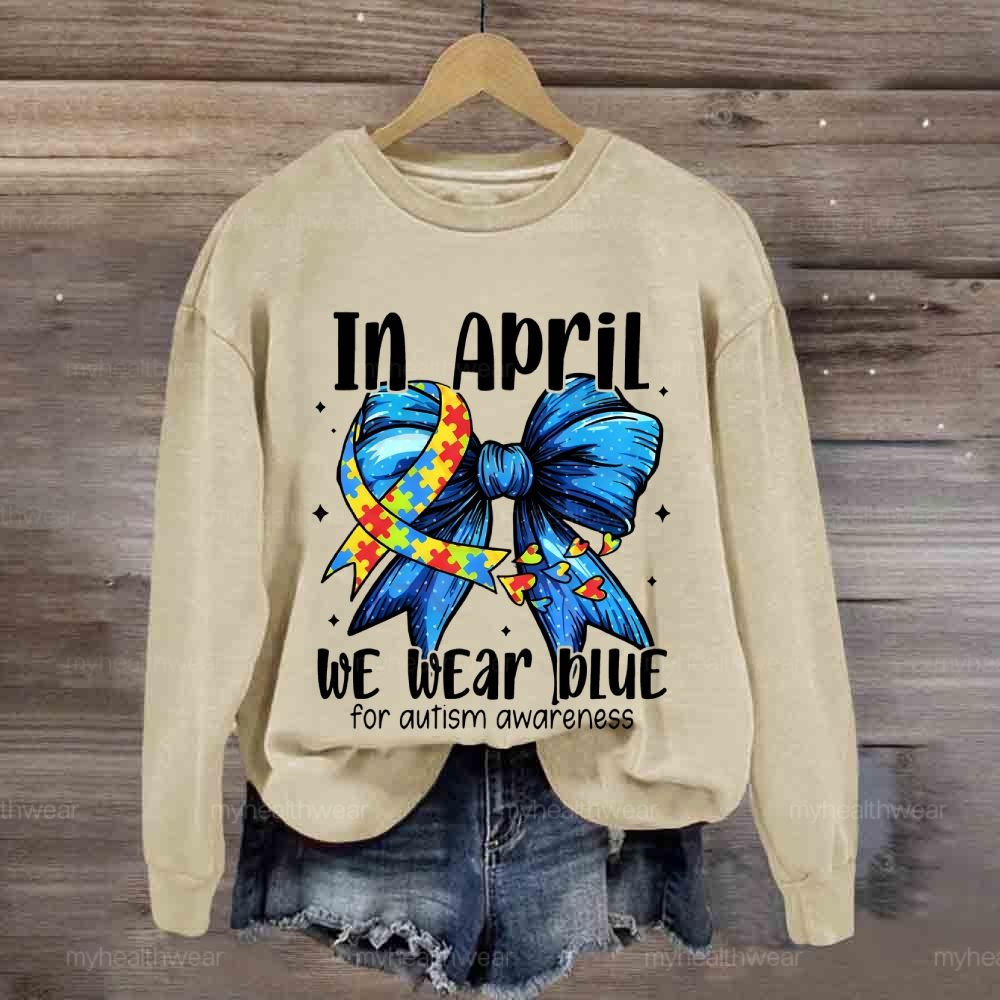 In April We Wear Blue For Autism Awareness Butterfly Puzzle Heart  Sweatshirt