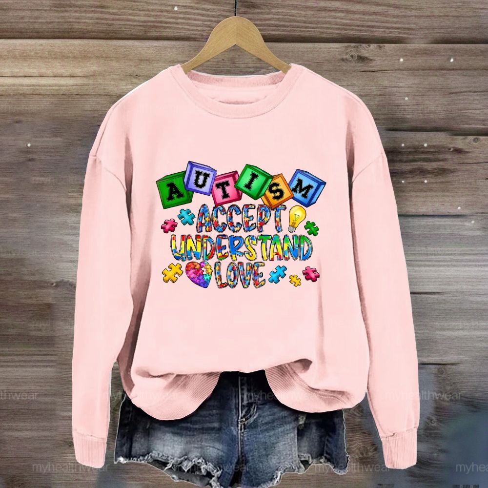 Autism Accept Understand Love Puzzle Piece Light Bulb  Sweatshirt