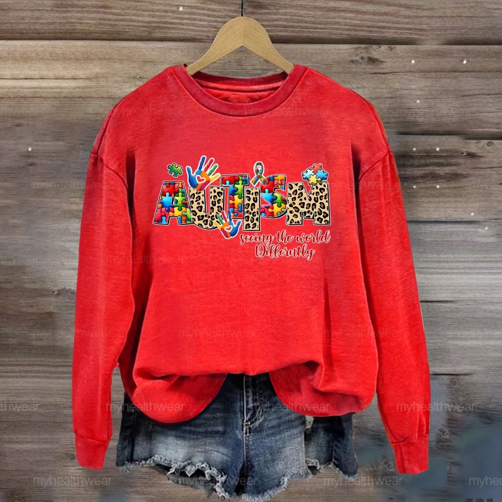 Autism Seeing The World Differently Leopard Print Letters  Sweatshirt