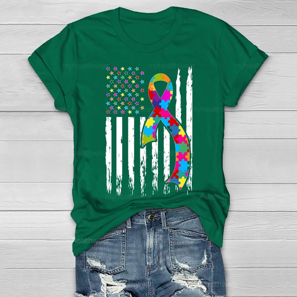Autism Puzzle Piece Ribbon Flag Healthwear T-shirt