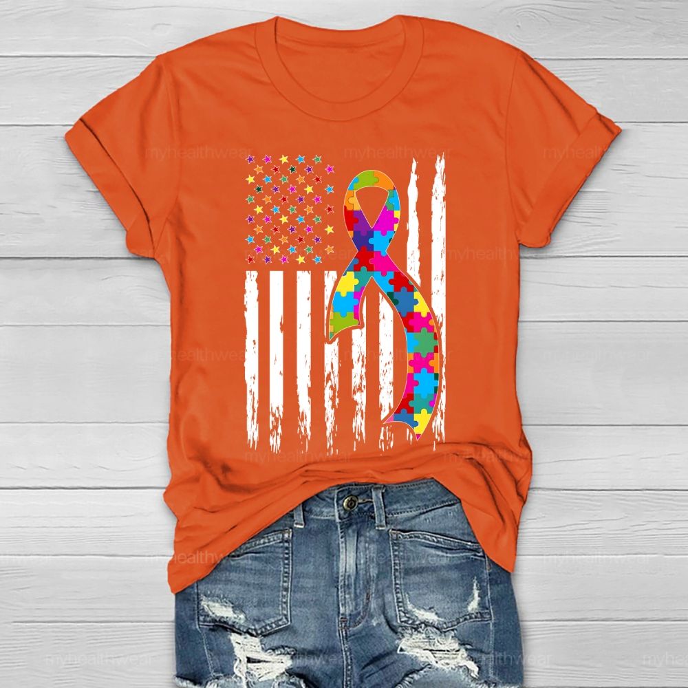 Autism Puzzle Piece Ribbon Flag Healthwear T-shirt
