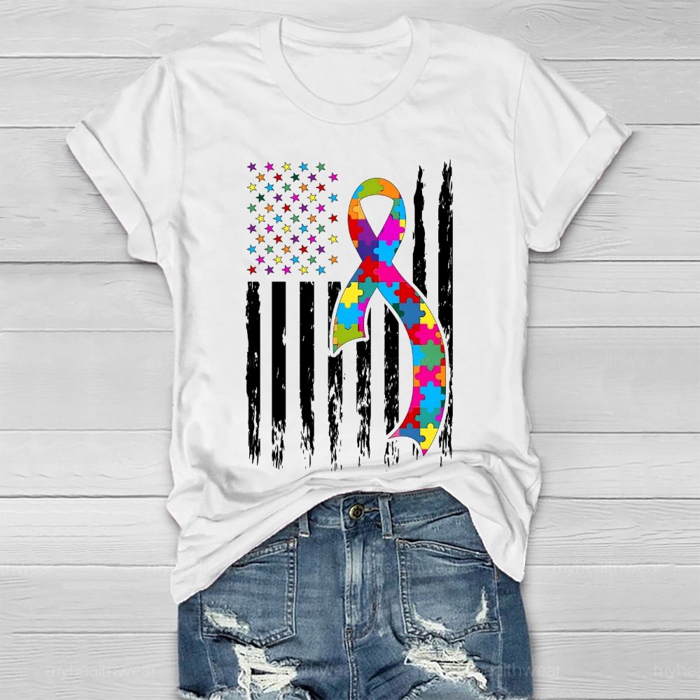 Autism Puzzle Piece Ribbon Flag Healthwear T-shirt