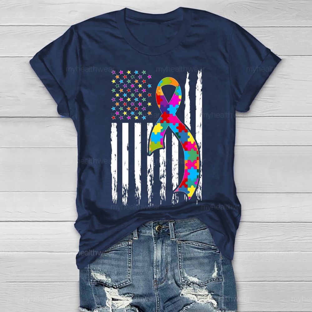 Autism Puzzle Piece Ribbon Flag Healthwear T-shirt