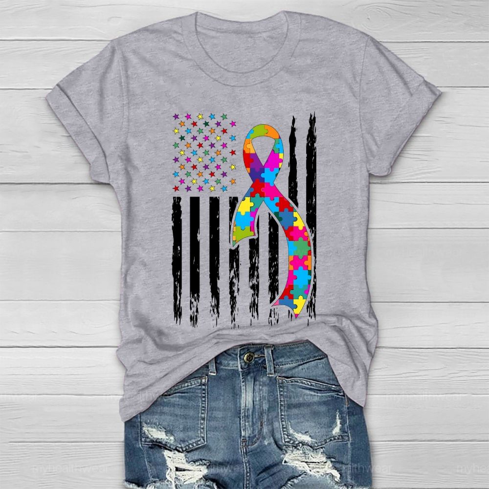 Autism Puzzle Piece Ribbon Flag Healthwear T-shirt