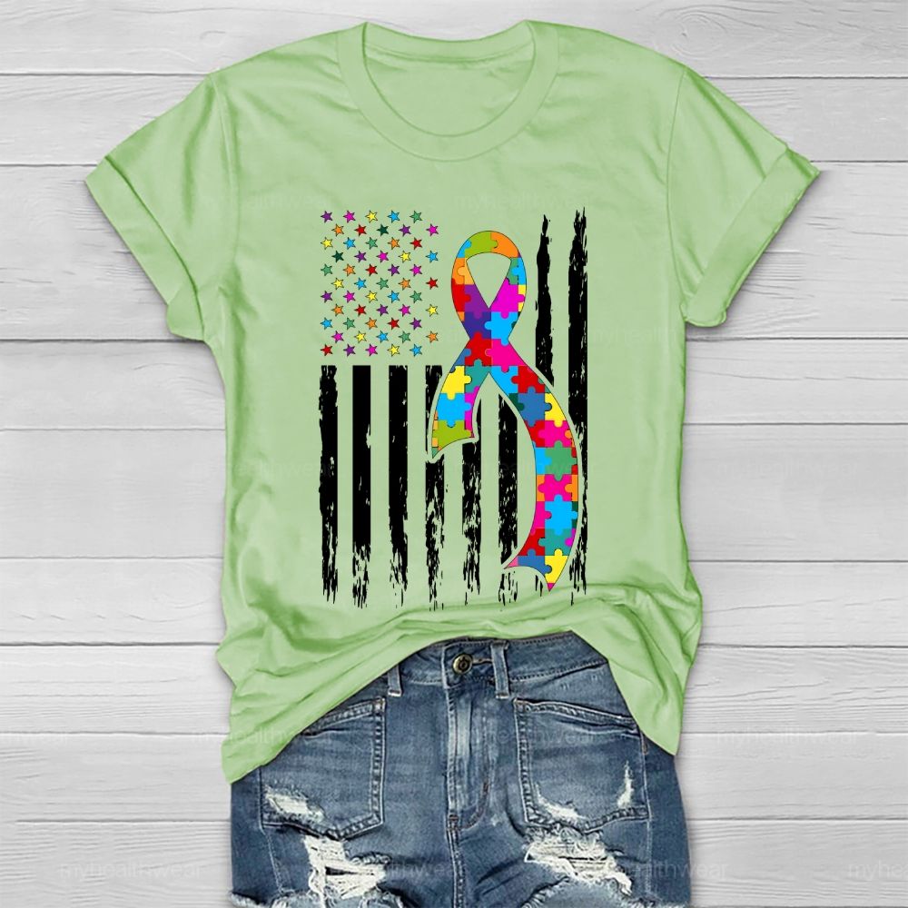 Autism Puzzle Piece Ribbon Flag Healthwear T-shirt