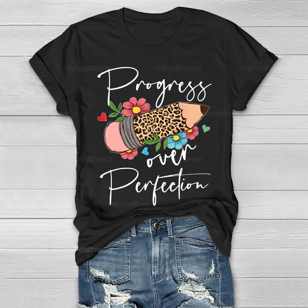 Progress Over Perfection Leopard Print Pencil Healthwear T-shirt