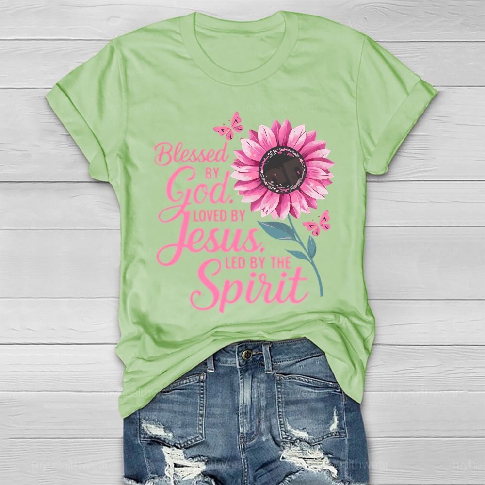 Blessed By God Loved By Jesus Led By The Spirit Pink Sunflower Healthwear T-shirt