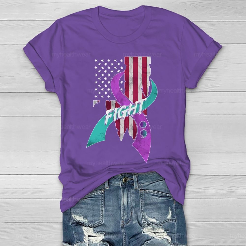 Fight Teal And Purple Ribbons Flag  Healthwear T-shirt