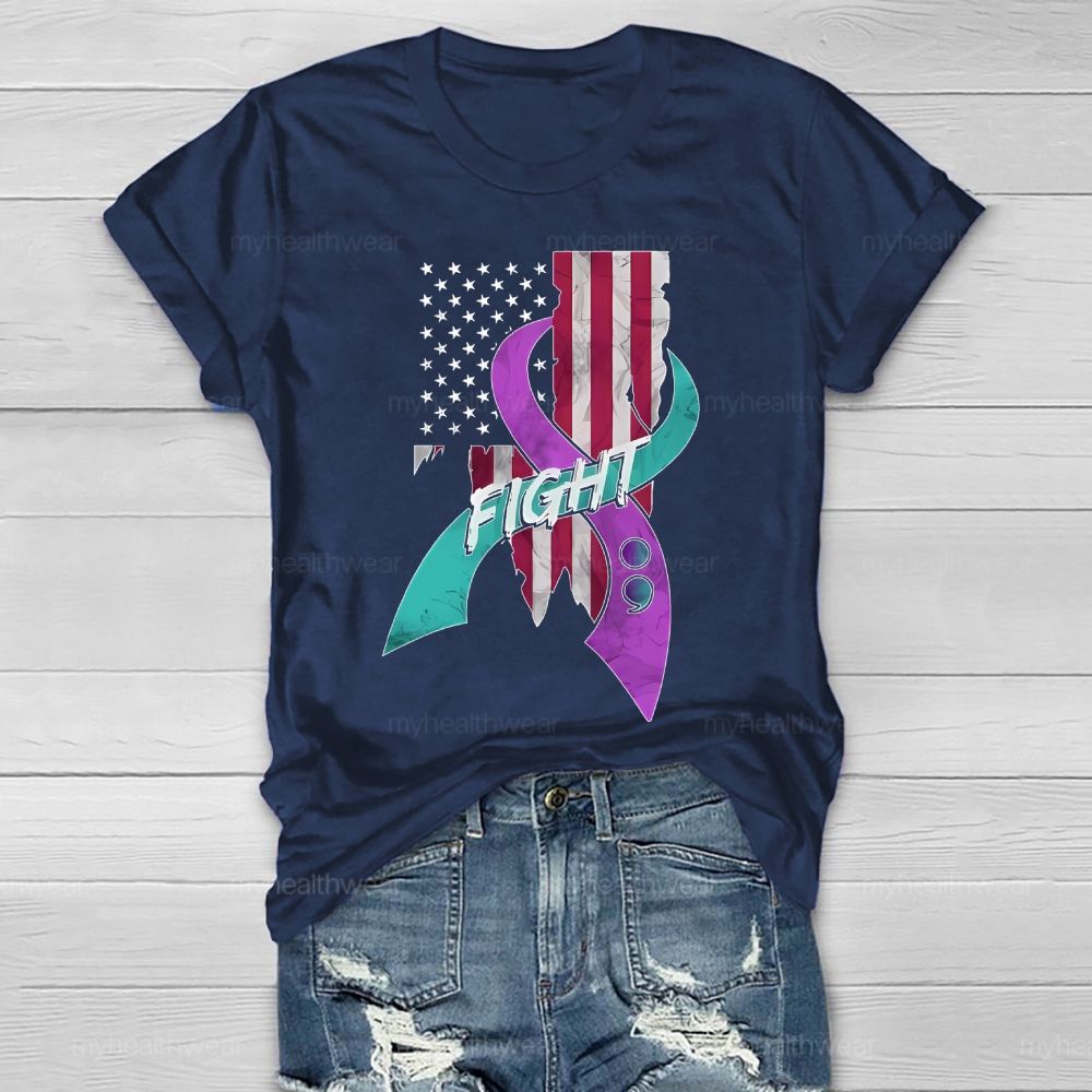 Fight Teal And Purple Ribbons Flag  Healthwear T-shirt