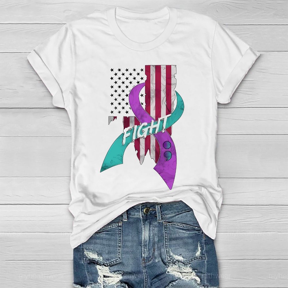 Fight Teal And Purple Ribbons Flag  Healthwear T-shirt