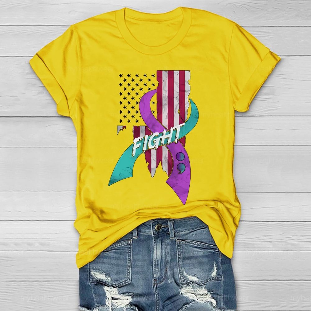 Fight Teal And Purple Ribbons Flag  Healthwear T-shirt